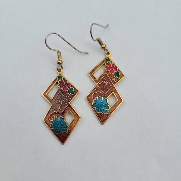 Vintage 80s Dangle Cloisonne Floral Geometric Asian Motif Earrings - Picture 1 of 5